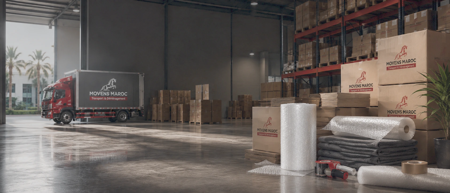 Entrepôt MOVENS MAROC à Casablanca : camion de déménagement, cartons double cannelure et matériel d'emballage professionnel
