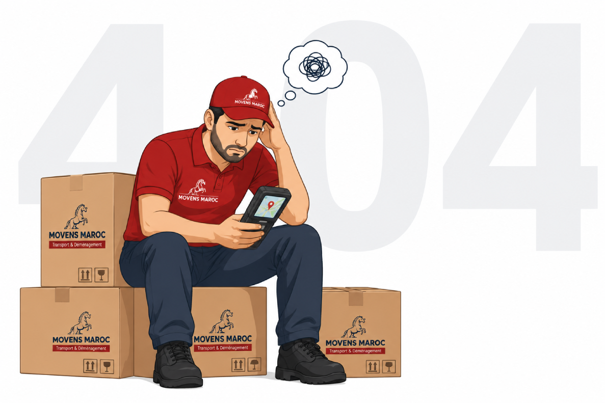 Illustration d'un déménageur MOVENS MAROC perdu sur une page d'erreur 404