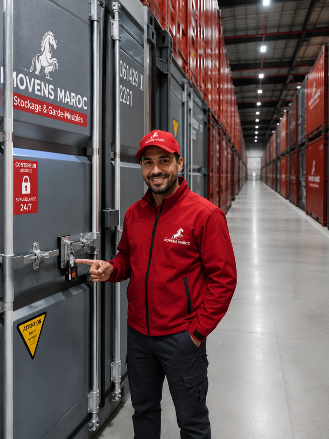 Rendu 3D en coupe d'un conteneur de garde-meubles rempli de meubles, électroménager et cartons