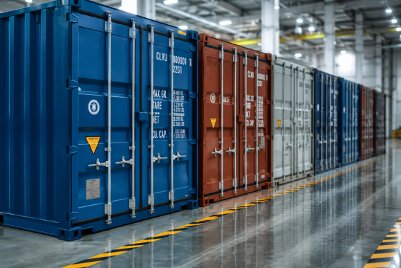 Vue rapprochée de conteneurs de stockage sécurisés dans l'entrepôt MOVENS MAROC