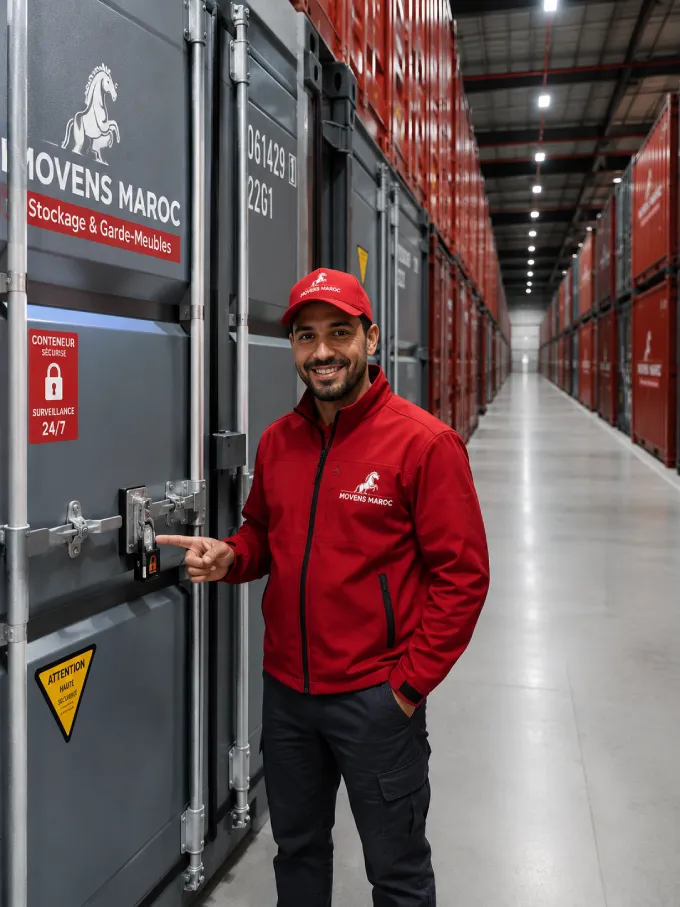 Rendu 3D en coupe d'un conteneur de garde-meubles rempli de meubles, électroménager et cartons